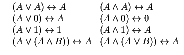 $\begin{array}{ll}\hspace*{3mm} (A\vee A)\leftrightarrow A & (A\wedge A)\lef......))\leftrightarrow A &(A\wedge (A\vee B))\leftrightarrow A \\\end {array}$